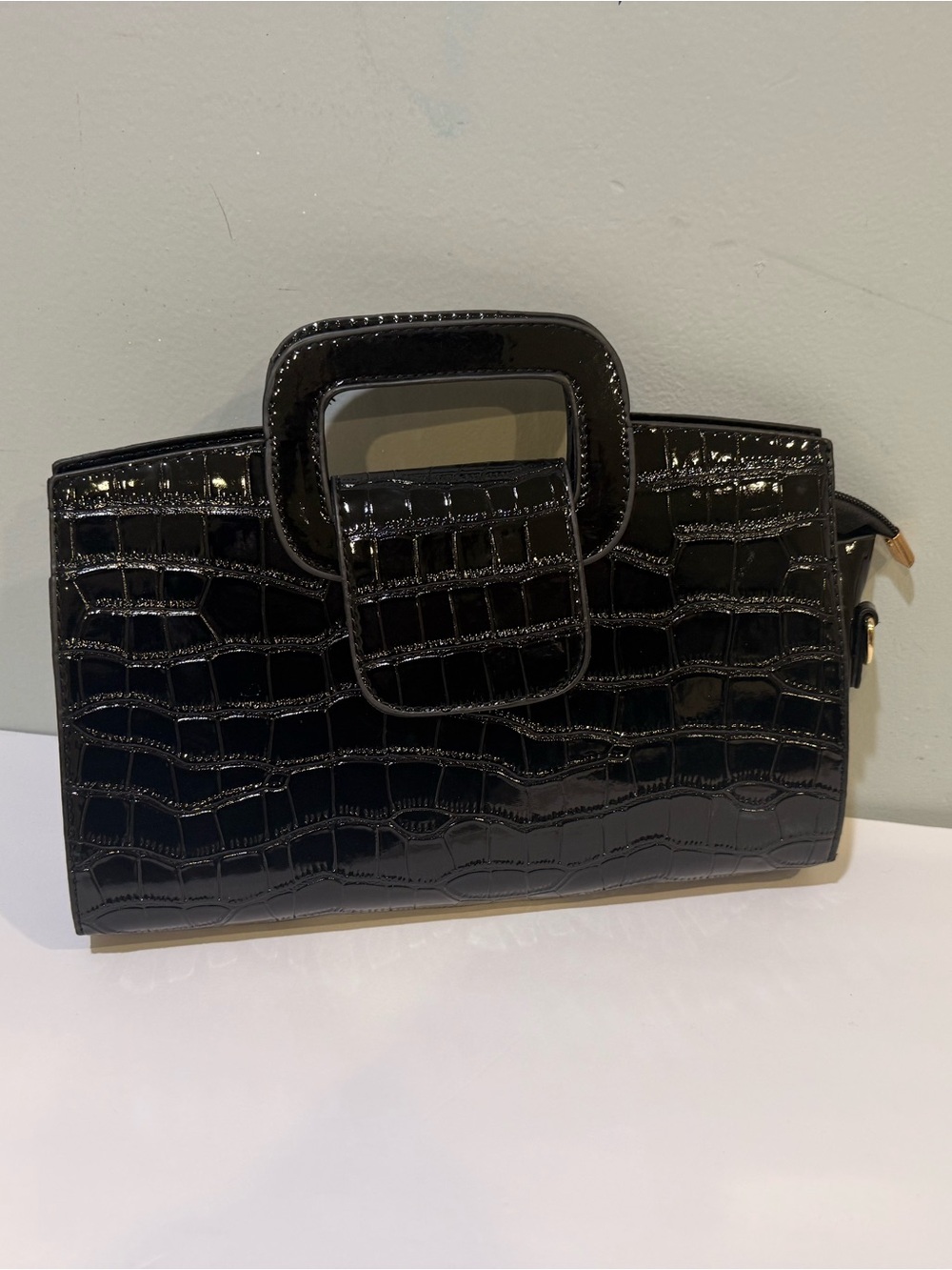 Black Croc-Embossed Patent Top-Handle Bag